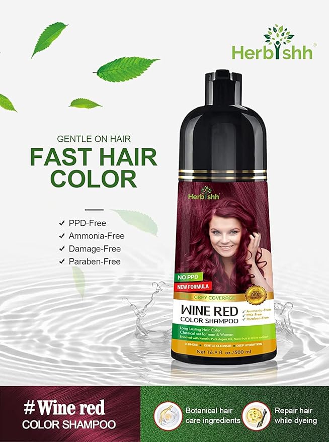 Herbishh Color Shampoo for Gray Hair Coverage (Wine Red) –Hair Dye 3-in-1 Shampoo- Colors in Minutes – Lasts Up To 2-3 Weeks – 500 mL – Ideal for Men & Women