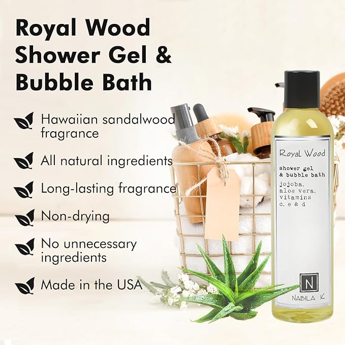 Nabila K Royal Wood Shower Gel & Bubble Bath, 9 oz – Non-Drying Body Wash with Jojoba, Aloe Vera & Vitamins – Naturally-Derived, Sulfate-Free – Made in USA – For Men & Women