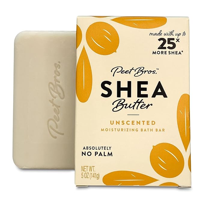 Peet Bros. Shea Butter Bar Soap - Unscented Moisturizing Soap Bar - Vegan, Palm Oil-Free Soap Bar - Up to 25x More Shea Butter - Fragrance Free Soap - Made in USA - 5 oz