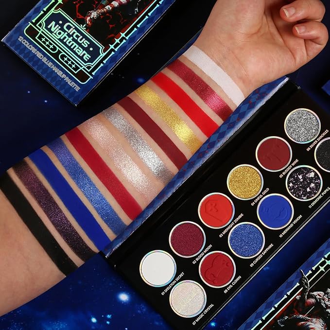 DE'LANCI Red Blue Multichrome Eyeshadow Palette, High Pigment Metallic Silver Shimmer Eyeshadow for Goth, Clown/Joker Smoky Makeup, Longwear Vegan Chameleon Iridescent Black Halloween Cosplay Party