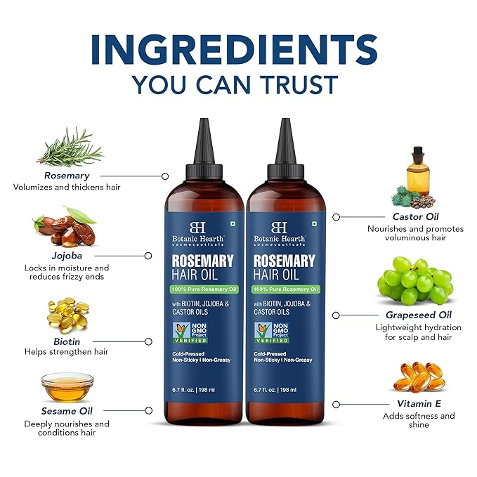 Botanic Hearth Hair Oil for Hair Growth | Rosemary Oil for Hair Growth with Biotin, Castor & Jojoba | Hair Relaxers & Dry Scalp Treatment | Color Safe | All Hair Types | 6.7 Fl Oz (2 Pack)