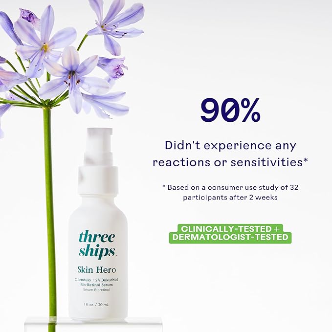 Three Ships - SkinHero Calendula + 2% Bakuchiol Bio-Retinol Serum | Firm, Soothe, Hydrate Skin | Cruelty-Free, Vegan, Paraben-Free, Sensitive Skin Safe (1 fl oz | 30 mL)