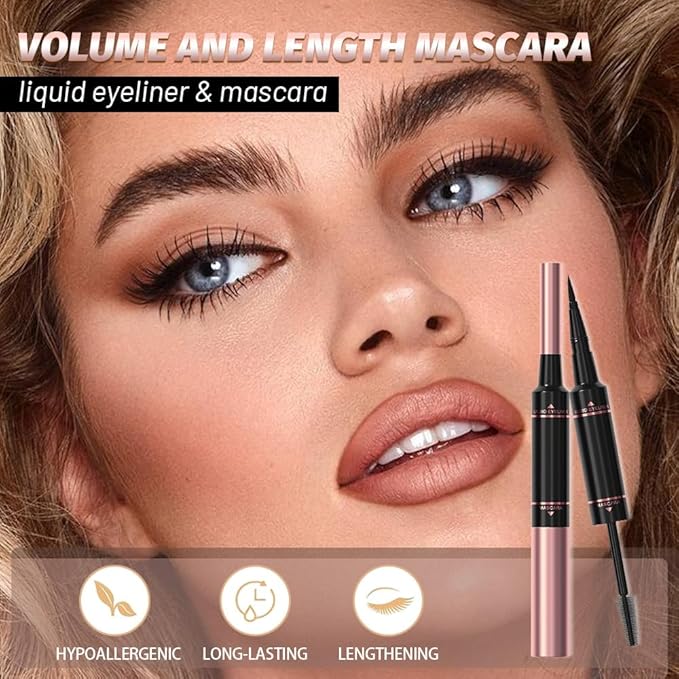 Voluminous Waterproof Black Mascara Eyeliner - Buildable Lengthening, Curling & Defining for Dramatic Volume, Smudge-Proof 24H Wear, Cruelty-Free Blackest Black, Vegan
