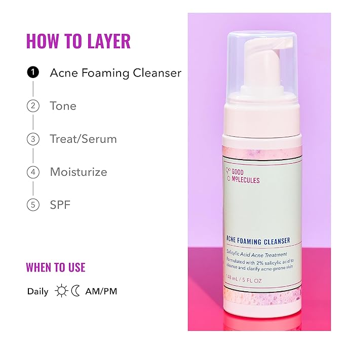 Good Molecules Acne Foaming Cleanser - 2% Salicylic Acid Foam Cleanser - Gentle Acne Face Wash with Alcohol Free Witch Hazel and Aloe - Skin Care for Face