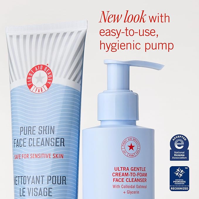 First Aid Beauty Ultra Gentle Cream-to-Foam Pure Facial Cleanser – Makeup Removing Face Cleanser - Face Wash with Colloidal Oatmeal & Glycerin, for Sensitive, Acne & Blemish-Prone Skin, 2 oz