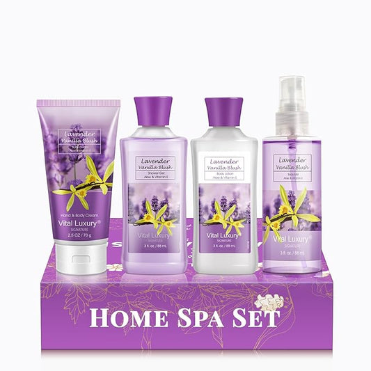 Bath and Body Gift Set, Lavender Vanilla Blush 4-Piece Skincare Collection - Lotion, Shower Gel, Hand and Body Cream, Body Mist, 3 Fl Oz Each, Holiday Gift for Her/Mom/Girlfriend/Sister