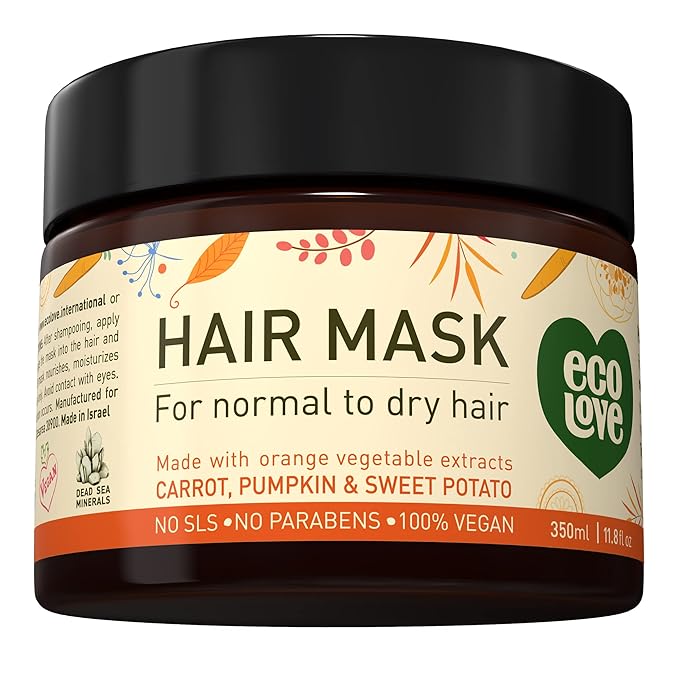ecoLove Hair Mask for Dry, Damaged, and Curly Hair - Deep Conditioning Treatment with Carrot and Pumpkin Extract, SLS & Paraben-Free, Vegan and Cruelty-Free - 11.8 oz