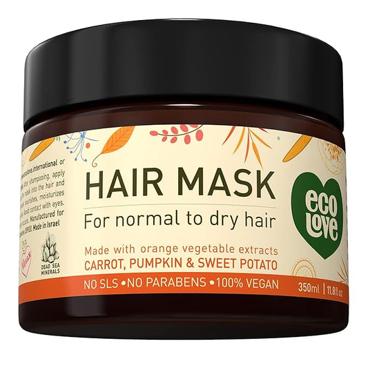 ecoLove Hair Mask for Dry, Damaged, and Curly Hair - Deep Conditioning Treatment with Carrot and Pumpkin Extract, SLS & Paraben-Free, Vegan and Cruelty-Free - 11.8 oz