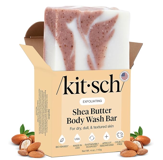 Kitsch Shea Butter Exfoliating Body Wash Bar Soap – Super Hydrating with Plant-Based Exfoliating Body Scrub – Moisturizing Skin Care – Paraben, Silicone & Sulfate-Free, Vegan – Made in USA, 4 oz