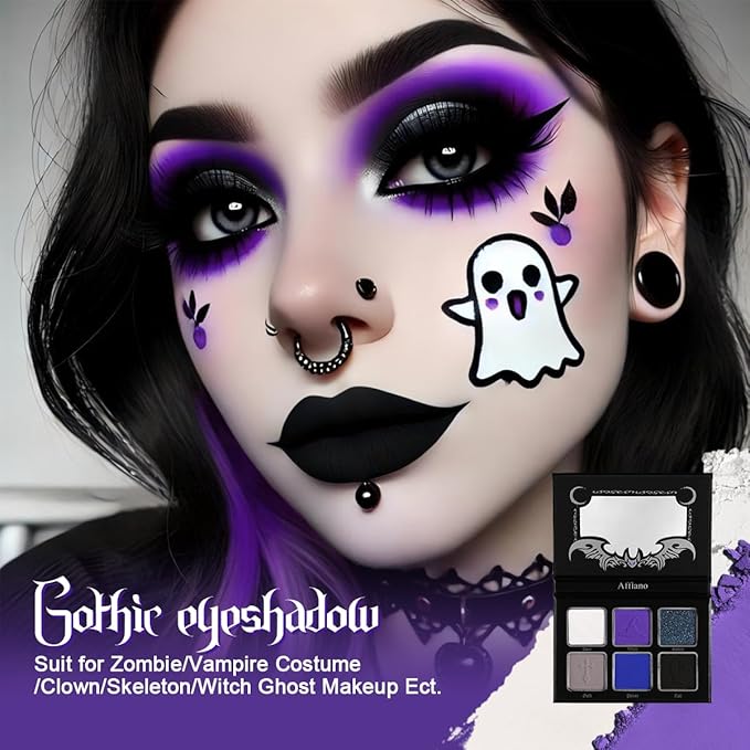 Black Blue Purple Eyeshadow Goth Makeup Palette, Matte Shimmer Dark Smoky Eyeshadow Pallet with Mirror, High Pigment White Grey Multichrome Eye Shadow for Halloween Party Witch Costume Zombie Vampire
