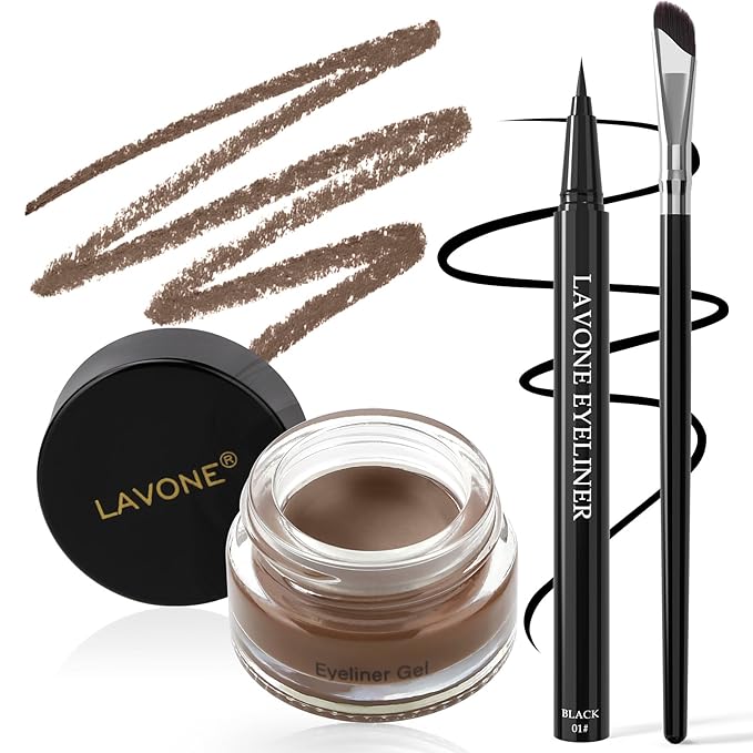 LAVONE Eyeliner Set - Waterproof Makeup Kit with Liquid Eye Liner Pencil, Gel Eyeliner and Angled Eye Liner Brush, Waterproof, Smudge Resistant, Long Lasting Formula - Brown
