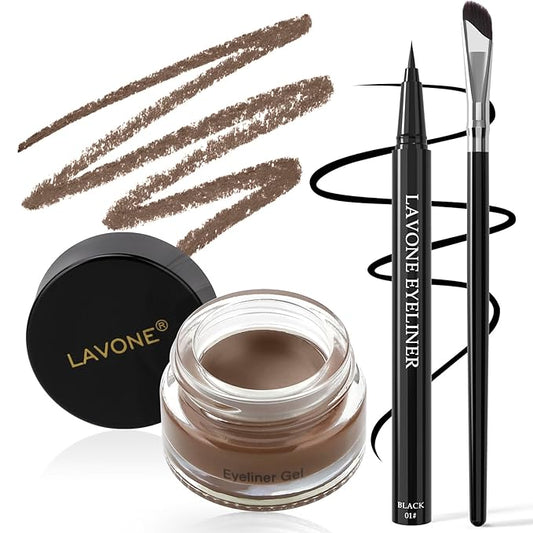 LAVONE Eyeliner Set - Waterproof Makeup Kit with Liquid Eye Liner Pencil, Gel Eyeliner and Angled Eye Liner Brush, Waterproof, Smudge Resistant, Long Lasting Formula - Brown