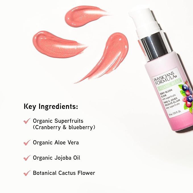 Physicians Formula Organic Wear Natural Dewy Face Blush Makeup Elixir, Gorgeous Peach, 0.5 Fl Ounce