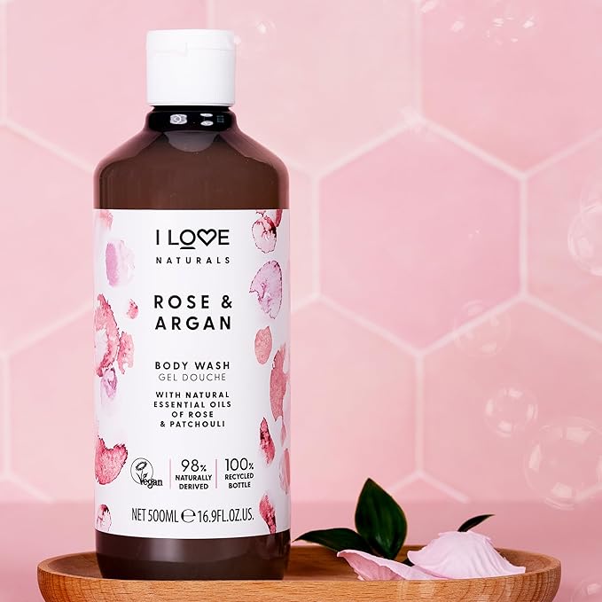 I LOVE Naturals Rose and Argan Body Wash - Moisturizing Body Wash - Infused with Essential Oils - Plant-Based Body Cleanser - 16.9 oz