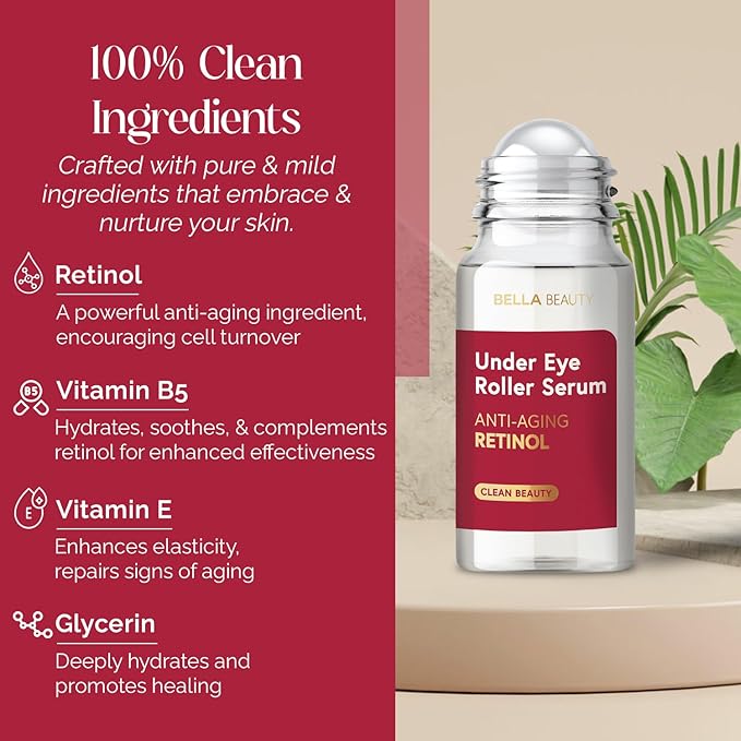 Bella Beauty Retinol Under Eye Serum – Firming & Smoothing Roller for Puffiness & Dark Circles – Dermatologist Tested, Anti-Aging Korean Skin Care – Vegan, Clean Beauty, Non-GMO – 1.69 Fl Oz