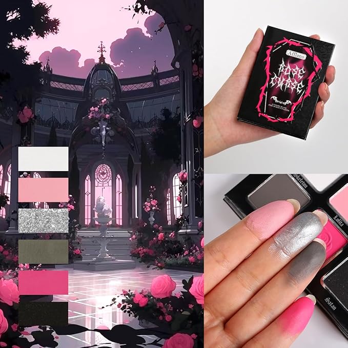 Black Pink Eyeshadow Palette, Matte Glitter White Grey Silver Goth Makeup Palette, Pigmented Long Wear Hot Pink Gothic Smoky Eye Shadow Pallet for Valentine, Halloween Vampire, Witch, Lolita, Cosplay