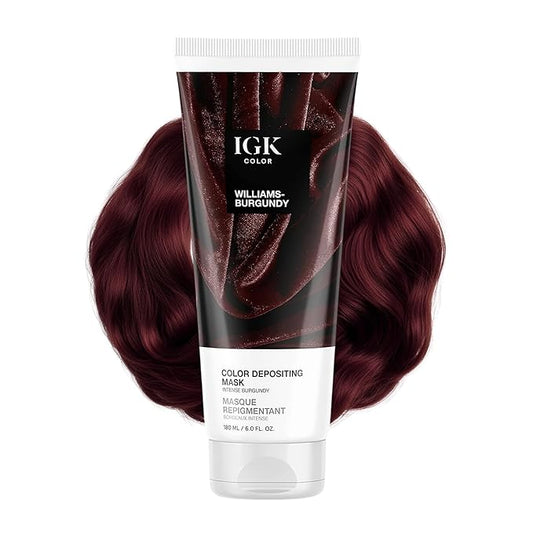 IGK Williams Burgundy Color Depositing + Conditioning Hair Mask | Intense Burgundy - Merlot Cherry Tones | Hydrating Semi-Permanent Gloss Toner Treatment