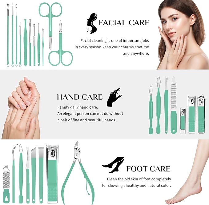Travel Manicure Set 26-Piece, Portable Nail Clippers Kit with PU Case, Carbon Steel Clippers, 410 Stainless Steel Grooming Tools, Hand Foot Facial Care for Luggage Backpack（Green）