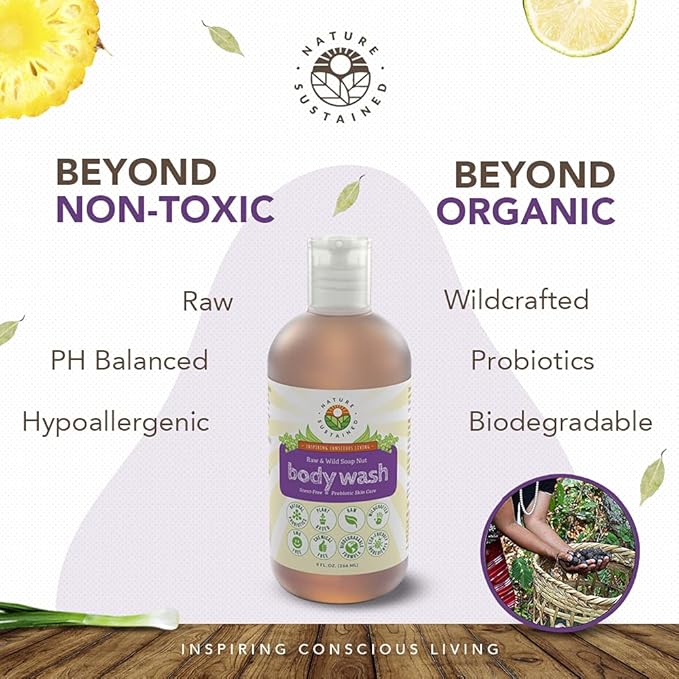 Nature Sustained Natural Unscented Body Wash - Organic Fragrance Free Sensitive Skin Face Cleansing Shower Soap Bodywash - Raw Wildcrafted Probiotic Moisturizing Formula for All Skin Types - Gallon