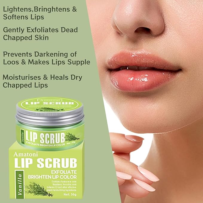 4-Color Fruit-Flavored Lip Scrub for Dry, Cracked & Dark Lips – Exfoliating & Moisturizing Lip Care with Organic Ingredients, Lip Brush – Vegan, Cruelty-Free (20g) (Vanilla flavor, 1PC)