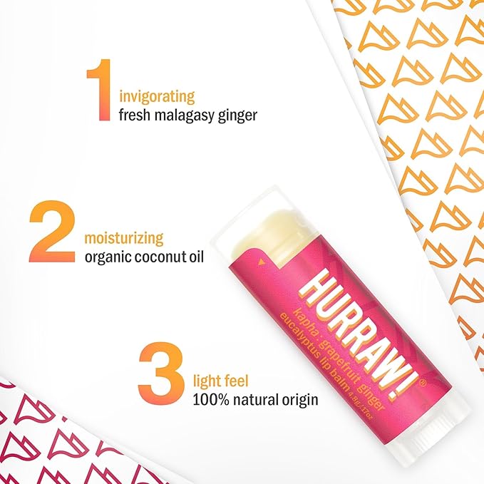 Hurraw! Grapefruit, Ginger, Eucalyptus (Kapha) Lip Balm, 3 Pack: Organic, Certified Vegan, Cruelty and Gluten Free. Non-GMO, 100% Natural Ingredients. Bee, Shea, Soy and Palm Free. Made in USA
