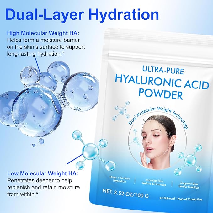 Pure Hyaluronic Acid Powder for Face & Joints, Dual Molecular Weight for Deep Hydration, Anti-Aging, DIY Serum Ingredient, Fragrance-Free, Vegan, 1 Scoop = 1 Bottle of Essence, 3.52 Oz