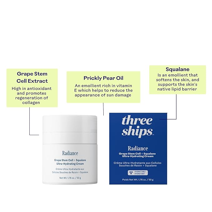 Three Ships - Radiance Grape Stem Cell + Squalane Ultra-Hydrating Cream | Hydrate, Soften, Replenish Skin | Cruelty-Free, Vegan, Paraben-Free, Sensitive Skin Safe (1.76 oz | 50 g)