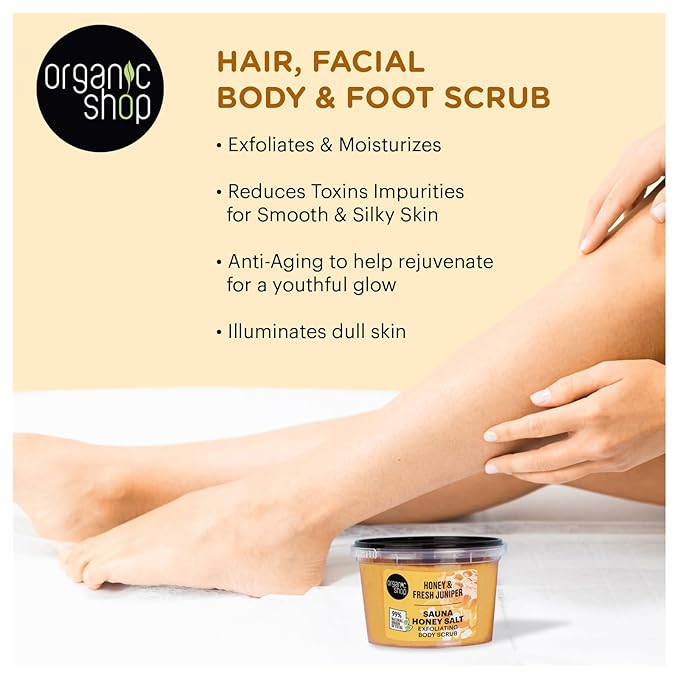 Organic Shop Honey Salt & Juniper Hydrating & Exfoliating Body Scrub, 100% Vegan & Organic, Daily Exfoliant, Detox & Moisturizer, Body, Face, Hand & Foot, Intensive Care & Skin Toning. 250ml
