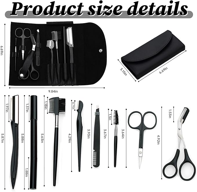 8PCS/SET Professional Eyebrow Shaping Grooming Kit - Beauty Tools Set with Leather Bag Eyebrow Grooming Kit for Women & Men, Eyebrow Trimming Kit With Razor Eyebrow Scissors and Brush with Comb Black
