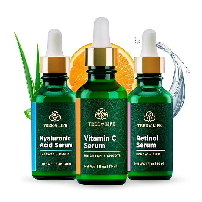 Tree of Life Beauty Facial Skin Care Set, Firming, Hydrating, Dry Face, Dermatologist Tested - Trio Power Kit, Vitamin C, Retinol and Hyaluronic Acid, 3 count of 1 Fl Oz