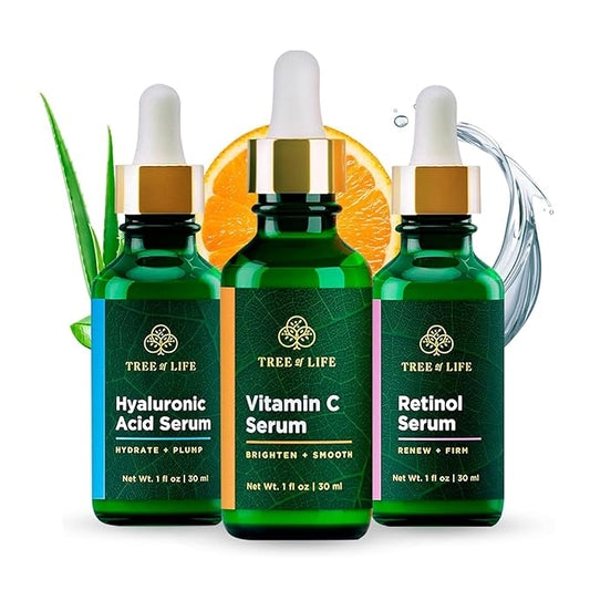 Tree of Life Beauty Facial Skin Care Set, Firming, Hydrating, Dry Face, Dermatologist Tested - Trio Power Kit, Vitamin C, Retinol and Hyaluronic Acid, 3 count of 1 Fl Oz