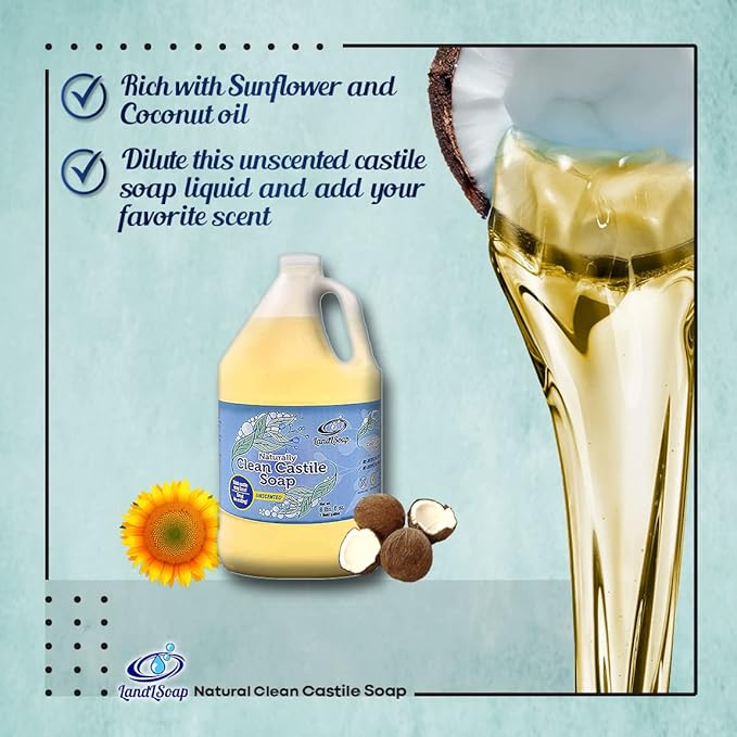 Unscented Pure Castile Soap Liquid for Face, Hand & Body Wash- Vegan, Non-GMO, Made in USA, All Skin Types, Dry & Sensitive Skin (1 Gallon)