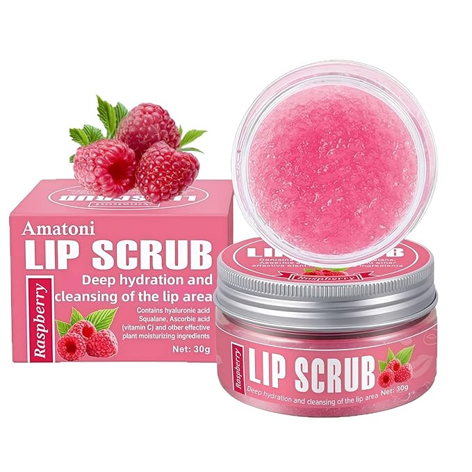 4-Color Fruit-Flavored Lip Scrub for Dry, Cracked & Dark Lips – Exfoliating & Moisturizing Lip Care with Organic Ingredients, Lip Brush – Vegan, Cruelty-Free (20g) (Raspberry flavor, 1PC)
