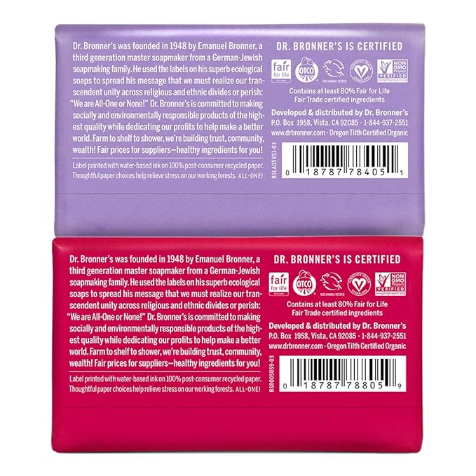 Dr. Bronner's - Pure-Castile Bar Soap (2-Pack Bundle, Rose & Lavender) - Made with Organic Oils, For Face, Body and Hair, Gentle and Moisturizing, Biodegradable, Vegan, Cruelty-free, Non-GMO