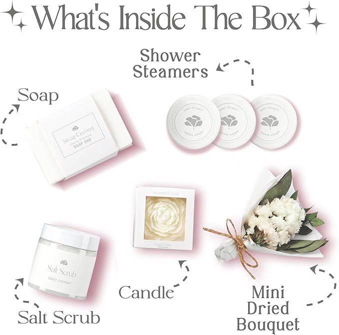 Spa Gift Box for Women – Sweet Coconut Candle Set, Ready to Gift Bath & Body Birthday Basket for Women, Small Handmade Vegan Luxury Self Care Box