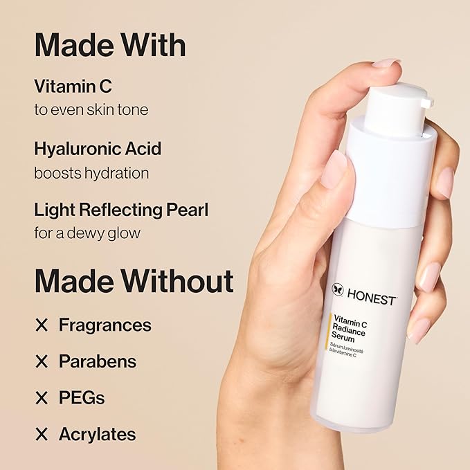 Honest Beauty Vitamin C Radiance Serum, Improves Brightens Skin Tone and Complexion, Gentle for Sensitive Skin, Fragrance-Free, Vegan, 1 fl oz