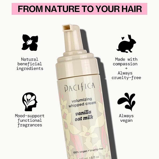 Pacifica Hair Mousse - Vanilla Oat Milk – Light Hold for Soft Volume & Hydration with Touchable Hold, Delightful Vanilla Scent, Vegan & Cruelty-Free, 5 fl oz