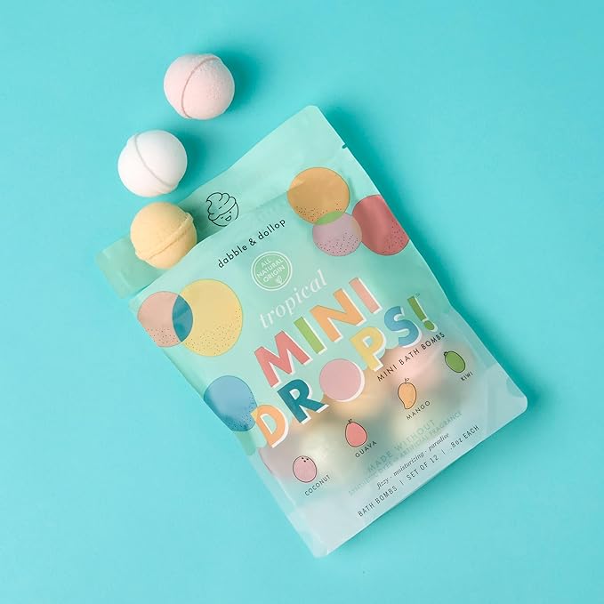 Dabble & Dollop Tropical Mini Bath Bombs & Vanilla Shampoo, Body Wash and Bubble Bath for Kids - All Natural, Resealable Pouch, Foaming Whip, Vegan, Gluten-Free, Cruelty-Free (Pack of 2)