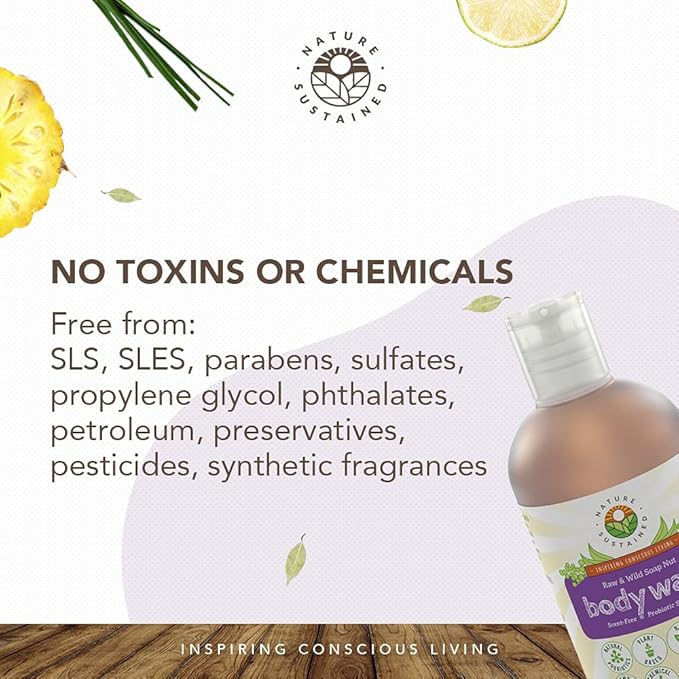 Nature Sustained Organic Body Wash & Face Wash – Raw & Wildcrafted with Probiotics, Soapberry Formula for Eczema & Psoriasis - Wild Plants Selected for Sensitive & Dry Skin, 9oz, Original