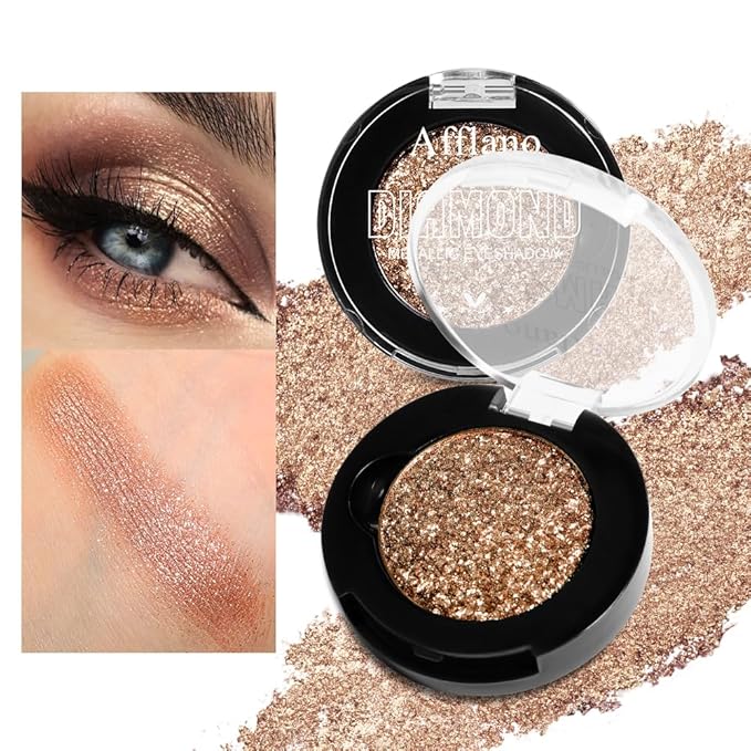 Brown Sparkle Eyeshadow, Highly Pigmented Shimmer Glitter Nude Champagne Eyeshaow with Cream Finish for Hazel Eyes,Long Lasting & Buildable Metallic Light Brown Shiny Eye Shadow for Natural Look,Vegan