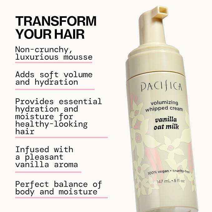 Pacifica Hair Mousse - Vanilla Oat Milk – Light Hold for Soft Volume & Hydration with Touchable Hold, Delightful Vanilla Scent, Vegan & Cruelty-Free, 5 fl oz