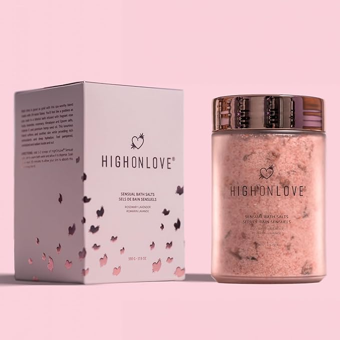 High On Love Bath Salts - Pink Himalayan & Epsom Salt Blend with Soothing Vitamin E & Premium Hemp Seed Oil - Real Dried Rose, Lavender and Rosemary Inclusions (Rosemary Lavender)