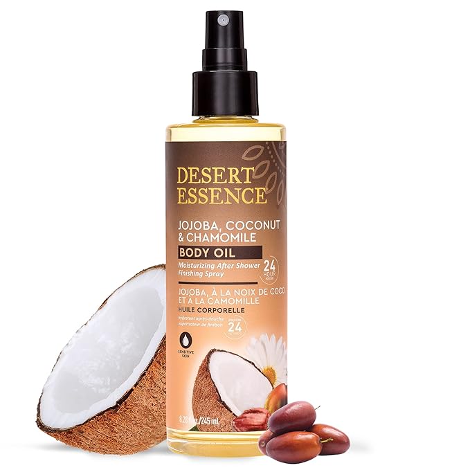 Desert Essence Jojoba, Coconut & Chamomile Body Oil Spray, 24-Hour Moisture After Shower Finishing Oil for Sensitive Skin, Fast-Absorbing Hydration, 8.28 fl oz