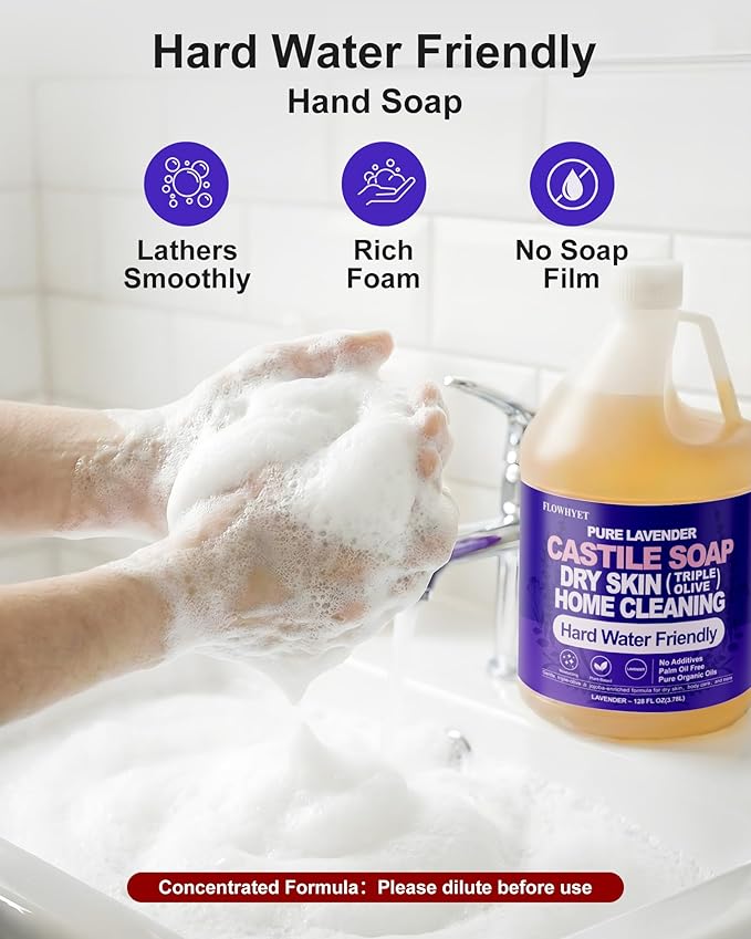 1 Gallon Pure Castile Soap Liquid Lavender, Natural Organic Hand Soap, For Dry Skin, Hand, Face, Body ＆ Home Cleaning, Vegan Hard Water Friendly- 128 fl oz