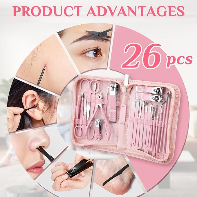26-Piece Professional Manicure Set，Features Stainless Steel Tools, Carbon Steel Clippers & Travel Case for Women's Home and Travel Grooming，Luxury Nail Care Gift for Her(Pink)