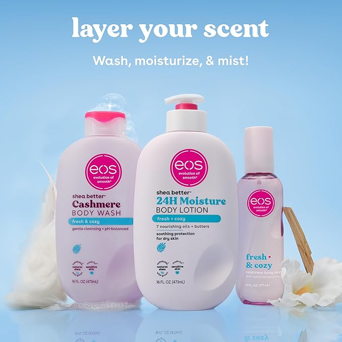 eos Cashmere Body Mist, Fresh & Cozy, Body Spray for Women, Hair Mist, Moisturizing, Hyaluronic Acid, Glycerin, Vegan, Cruelty-free, 6 fl oz