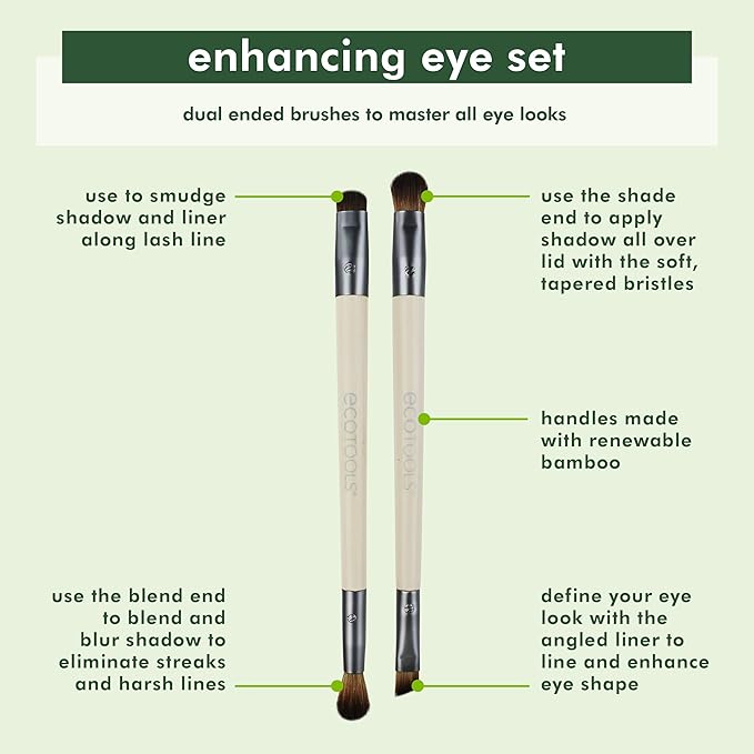 EcoTools Enhancing Eye Brush Set, Makeup Brushes For Liquid, Cream & Powder Eyeshadow & Eye Liner Application, Dual-Sided & Eco-Friendly, Synthetic Bristles, Cruelty-Free, 2 Piece Set