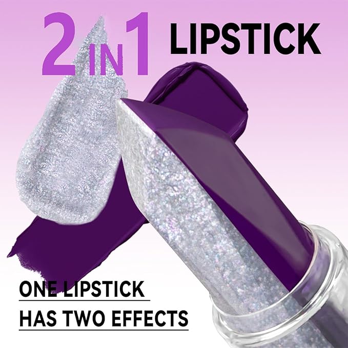 2 in 1 Purple Lipstick Glitter Silver Lipstick Dual Sided, Lip stick for Women, One Stroke Two-Tone High Pigment Longlasting Waterproof Non-Stick Glitter Lipsticks for Christmas Cosplay (#04)