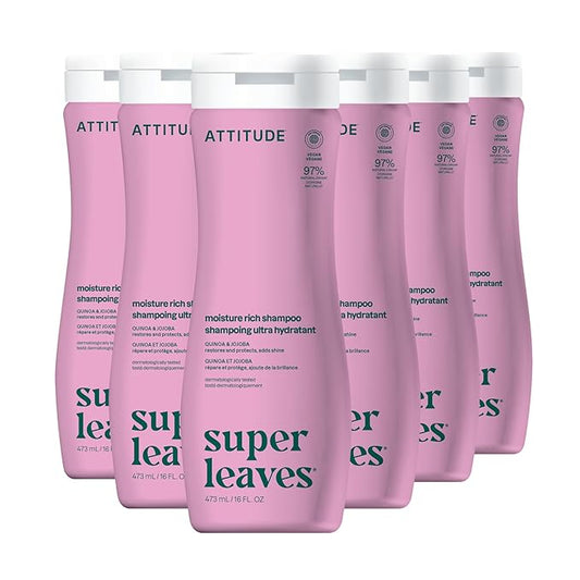 ATTITUDE Moisture Rich Hair Shampoo, EWG Verified, For Dry and Damaged Hair, Naturally Derived Ingredients, Vegan and Plant Based, Quinoa and Jojoba, 16 Fl Oz (Pack of 6)