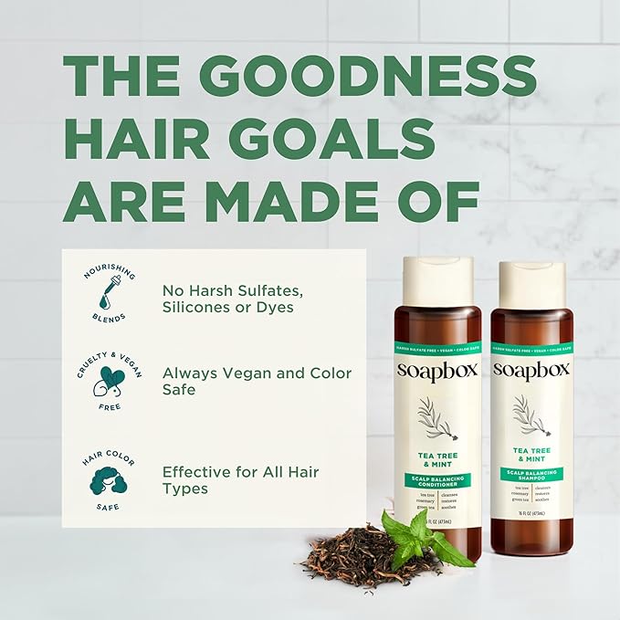 Soapbox Tea Tree Shampoo and Conditioner Set | Tea Tree Oil, Jojoba Oil, Aloe & Shea Butter to Clean & Purify All Hair Types | Paraben Free, Silicone Free, Harsh Sulfate Free | 16oz (Pack of 2)